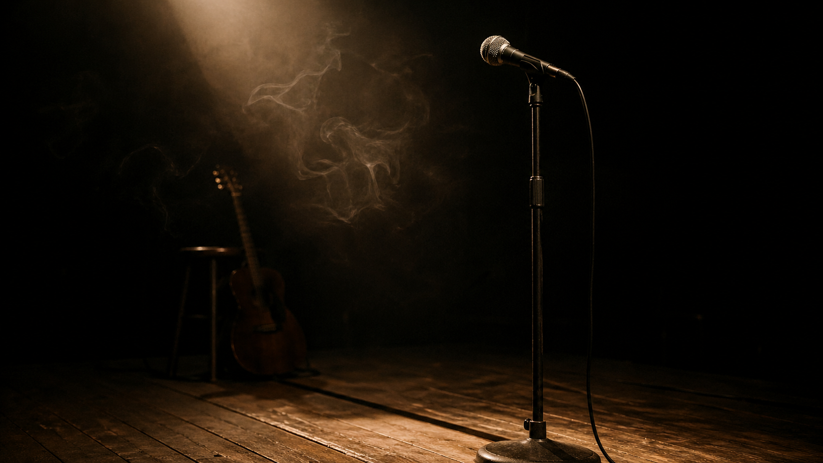 Microfono vintage su palco scuro con fumo e chitarra – luce ambrata