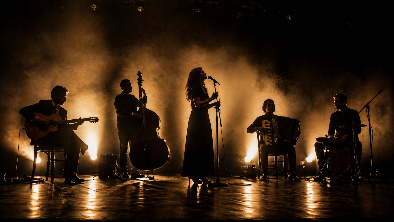 Ensemble di cinque musicisti in silhouette contro luci ambrate sul palco